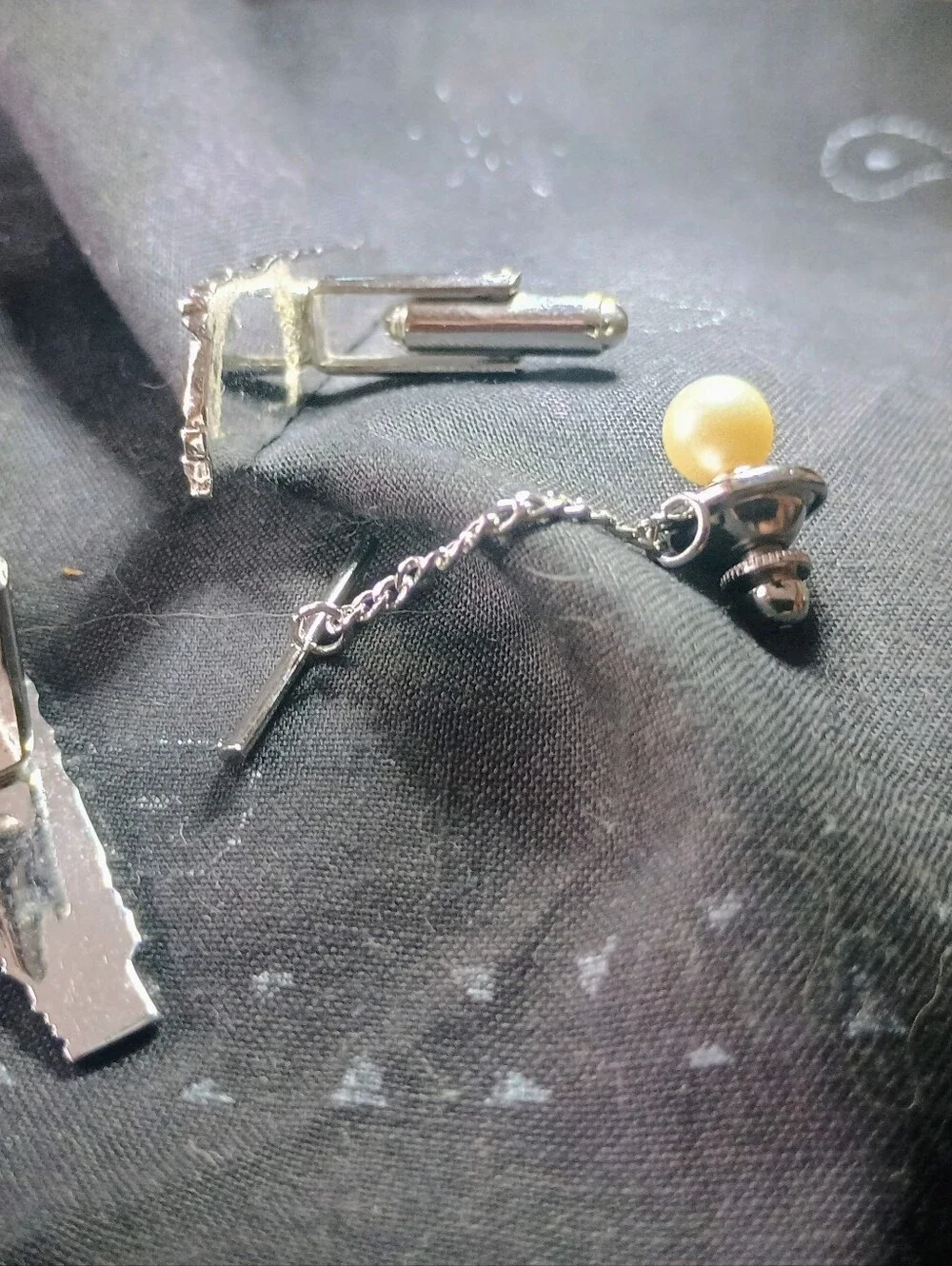 Vintage Train Cufflinks And Pearl Tie Tac